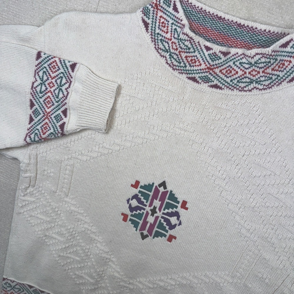 Isle of Cotton Sweater Womens Medium Cream Southwestern Geometric Mock Neck USA